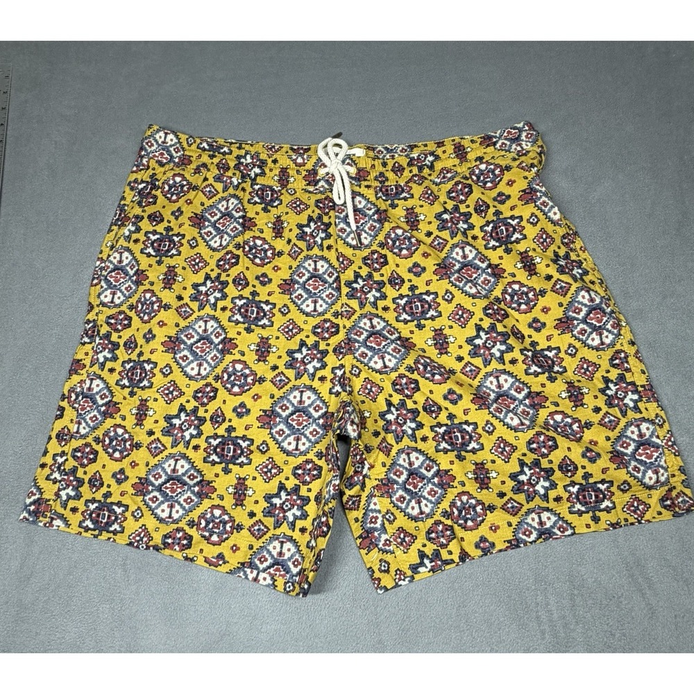 Taylor Stitch Shorts  Mens XXL Yellow Paisley Linen Organic Cotton Drawstring